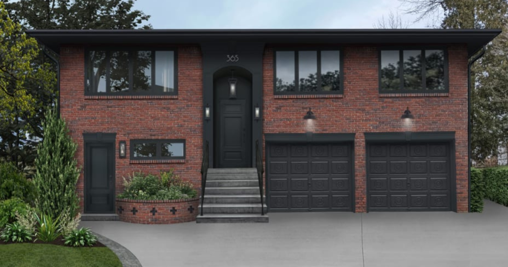 red brick house with black garage doors
